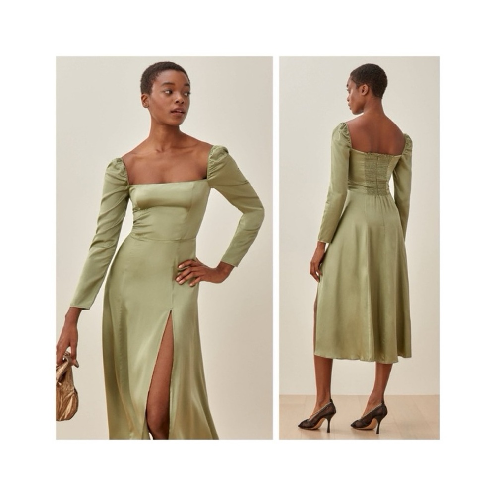 Reformation Maryanne Satin Midi Dress (Sz 0) Long Sleeve Smocked Artichoke Green